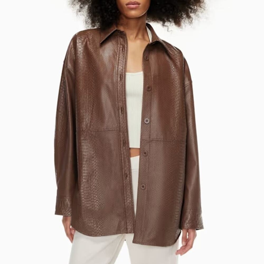 Aritzia Babaton Pelli Button Shirt Jacket Pinecone Brown Vegan Leather Women Med